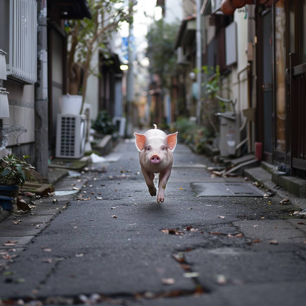 A pink pig running fast toward the camera in an alley in Tokyo.