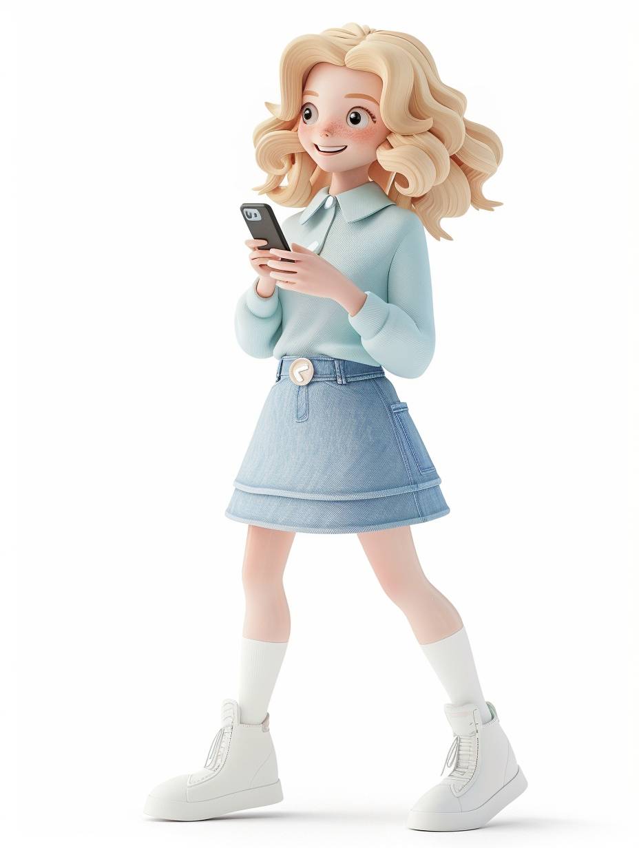3D illustration of a character in a full body shot, holding a smart phone and walking pose, wearing a denim casual skirt, white shoes, with blond curly hair, smiling, white background, rendered in the style of Blender with a minimalist, simple shape style, at a 45 degree angle, using bright color tones, at a high resolution with super detailed rendering.