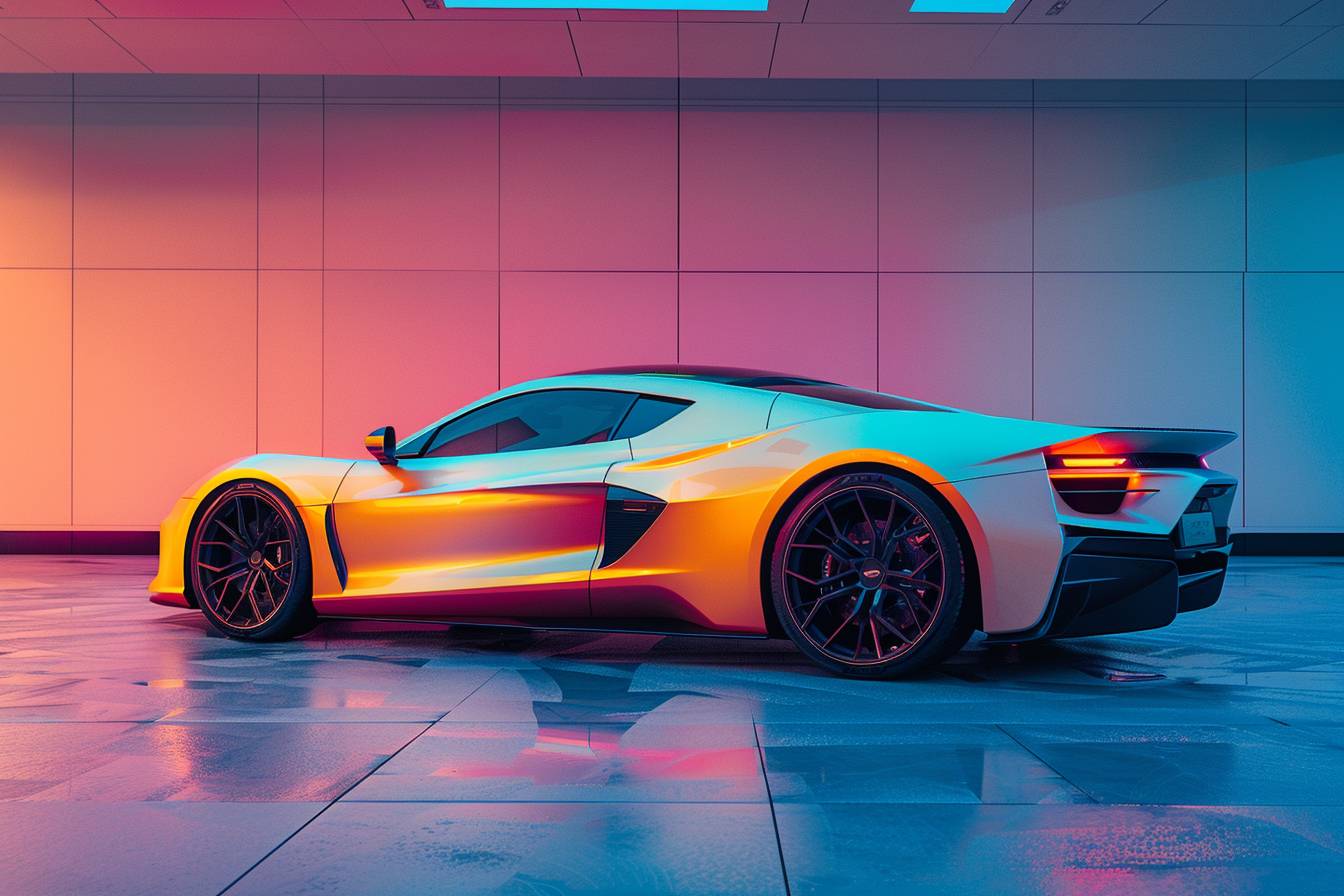 Futuristic luxury sports car, paint color on car a gradient that shifts from bright yellow to pale blue, automotive studio shoot, medium format film photograph