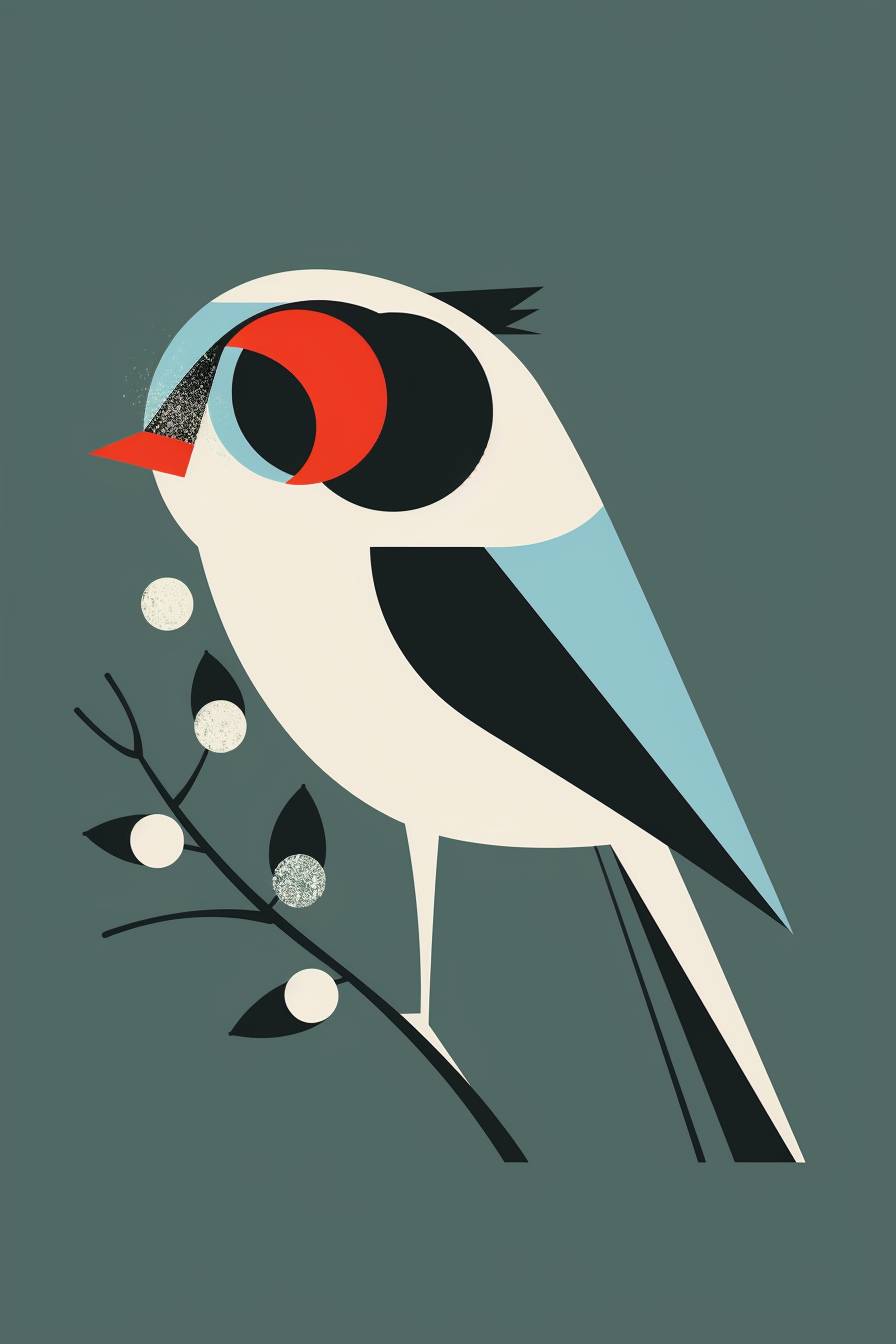 A bird with three blue and one red circular eyes perched on its head, designed in the style of Tom Floyd in a flat vector style, minimalistic, on a dark green background, with bold colors, white space around the character, simple shapes, simple lines, and simple details, with low detail.