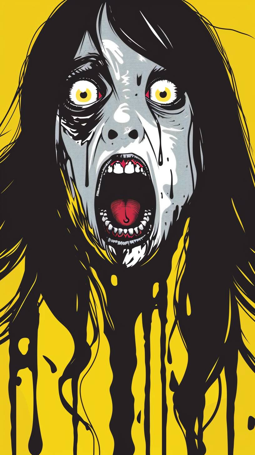 Vector design, flat art, Italian Giallo style, jumpscare scene, girl with black hair screaming at the screen, creepy haunting face,