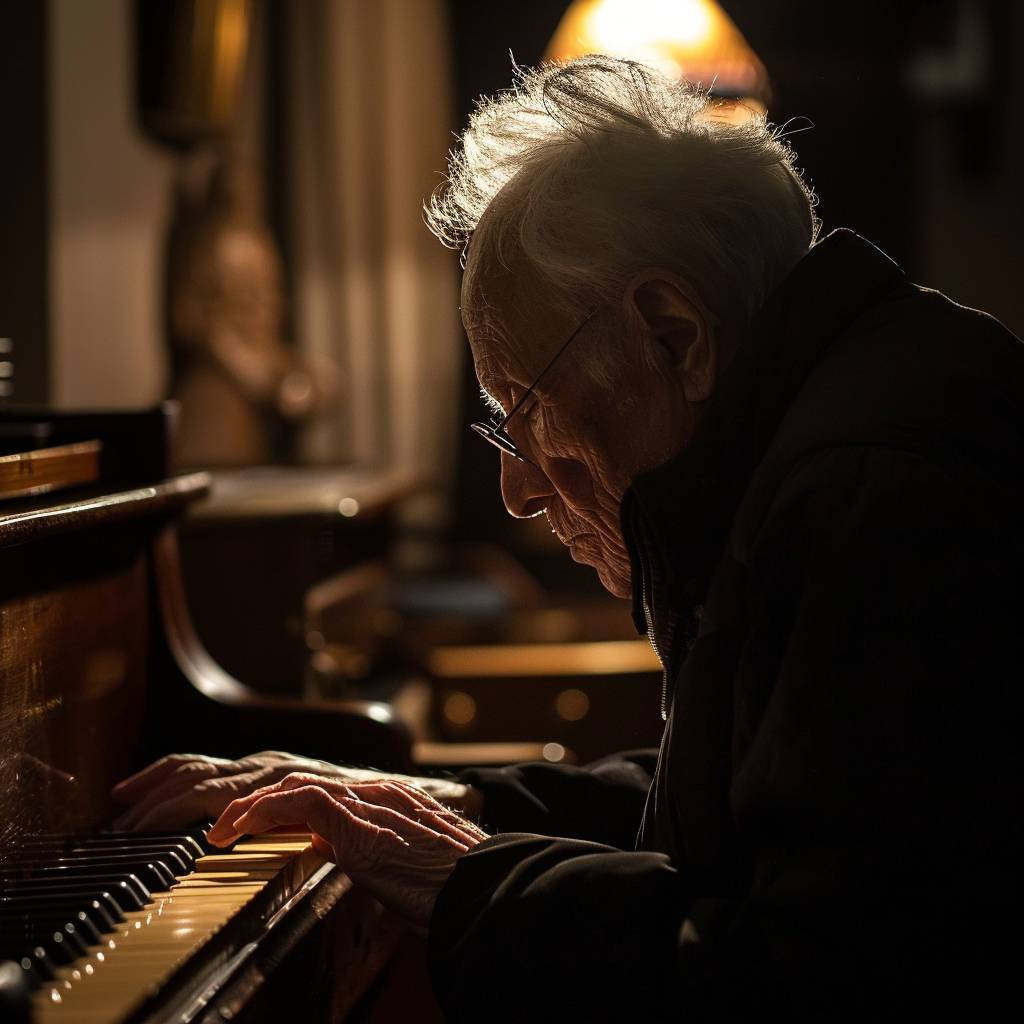 An older man playing piano, lit from the side.