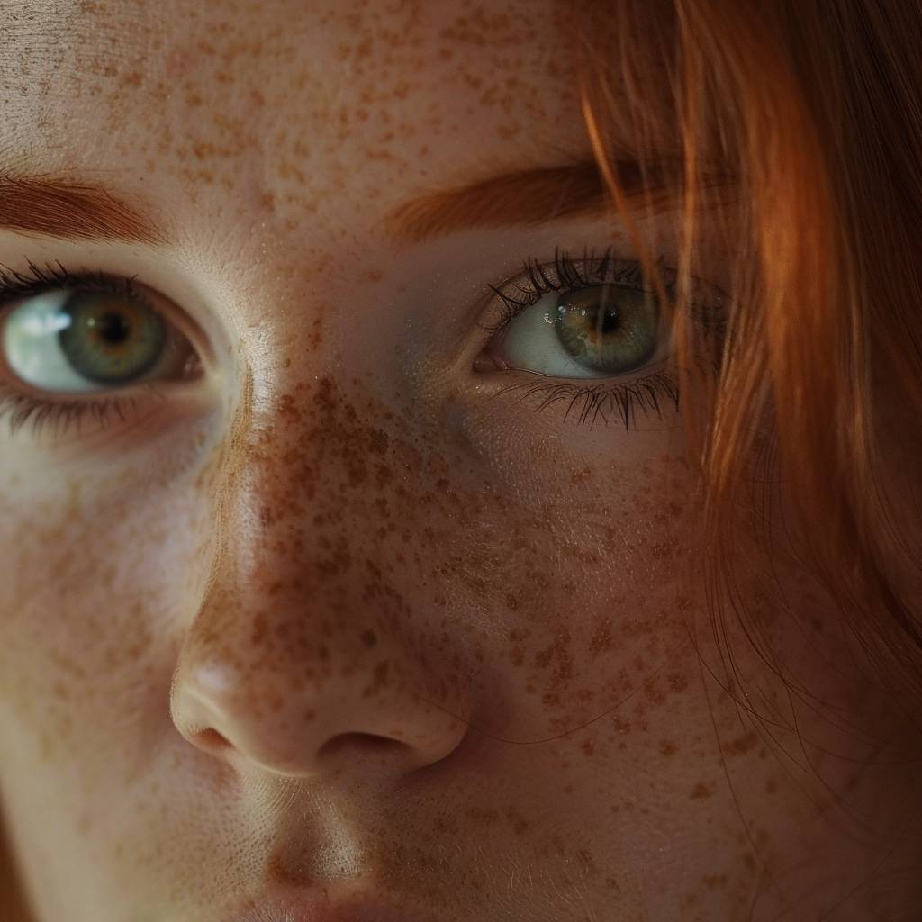 Macro shot to the face freckles of a young woman trying to look for something.