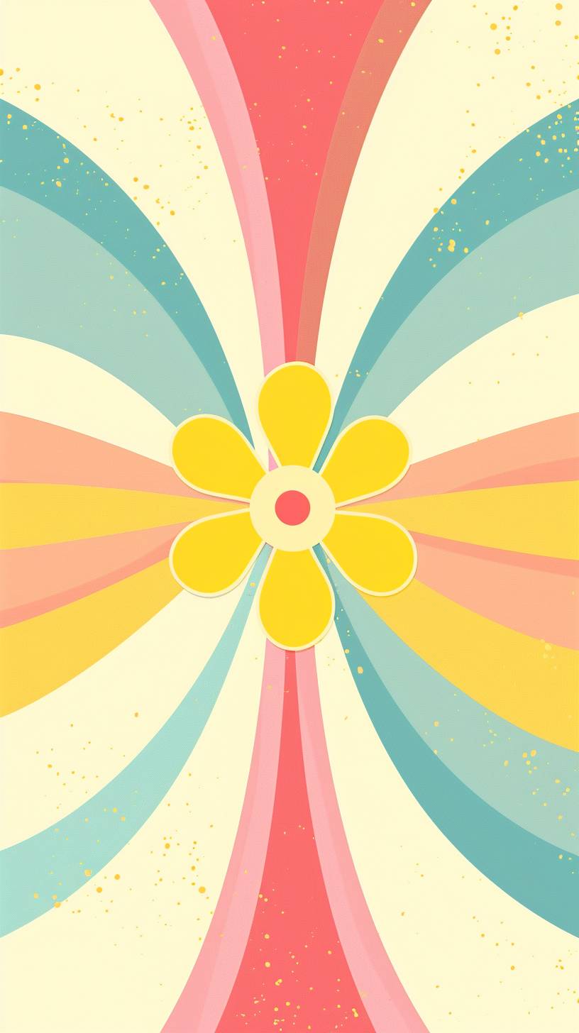 A retro groovy background design in Hot Pink, Lemon Yellow, and Sky Blue colors with flower shape patterns, vector illustration, flat style, simple shapes, 70s feel, symmetrical patterns in the style of 70s feel.
