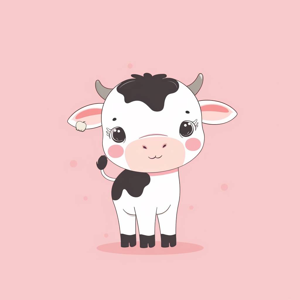 A cute baby cow in the style of Kawaii, all depicted as adorable characters against a soft pink background. The design is simple yet endearing, featuring clean lines and flat colors to capture an overall cheerful atmosphere.