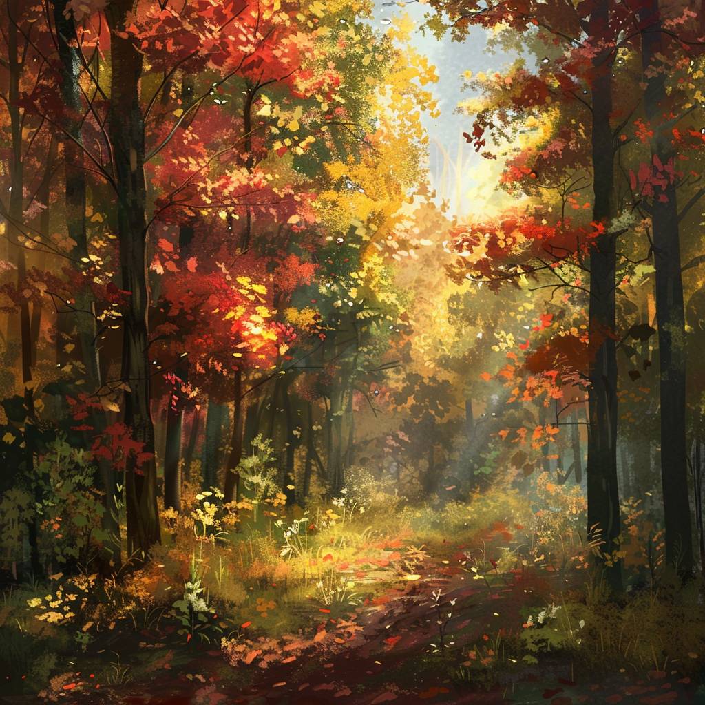 自然な森林環境とカラフルなカエデの木を描いた油絵。シネマティックなパララックスアニメーション付き。