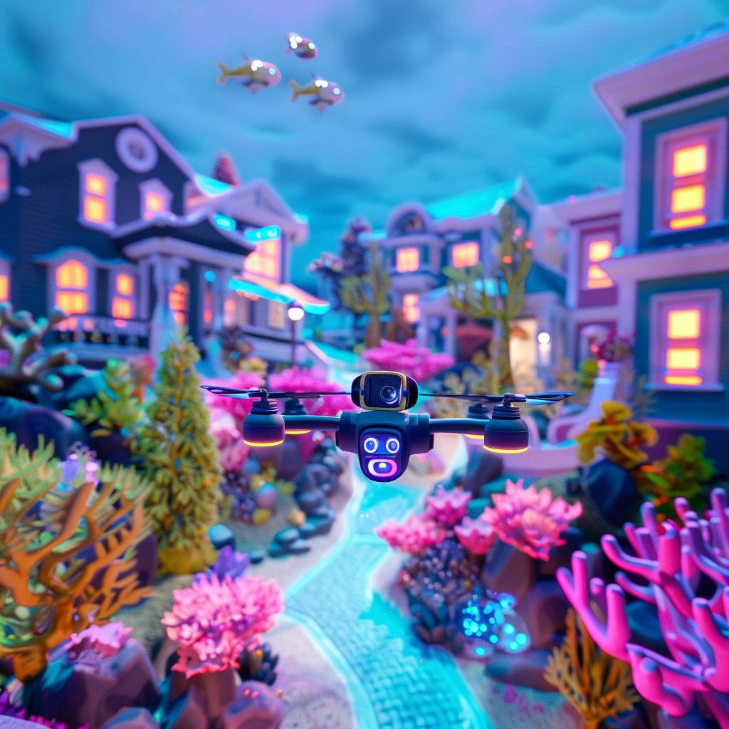 FPV flying through a colorful coral lined streets of an underwater suburban neighborhood.