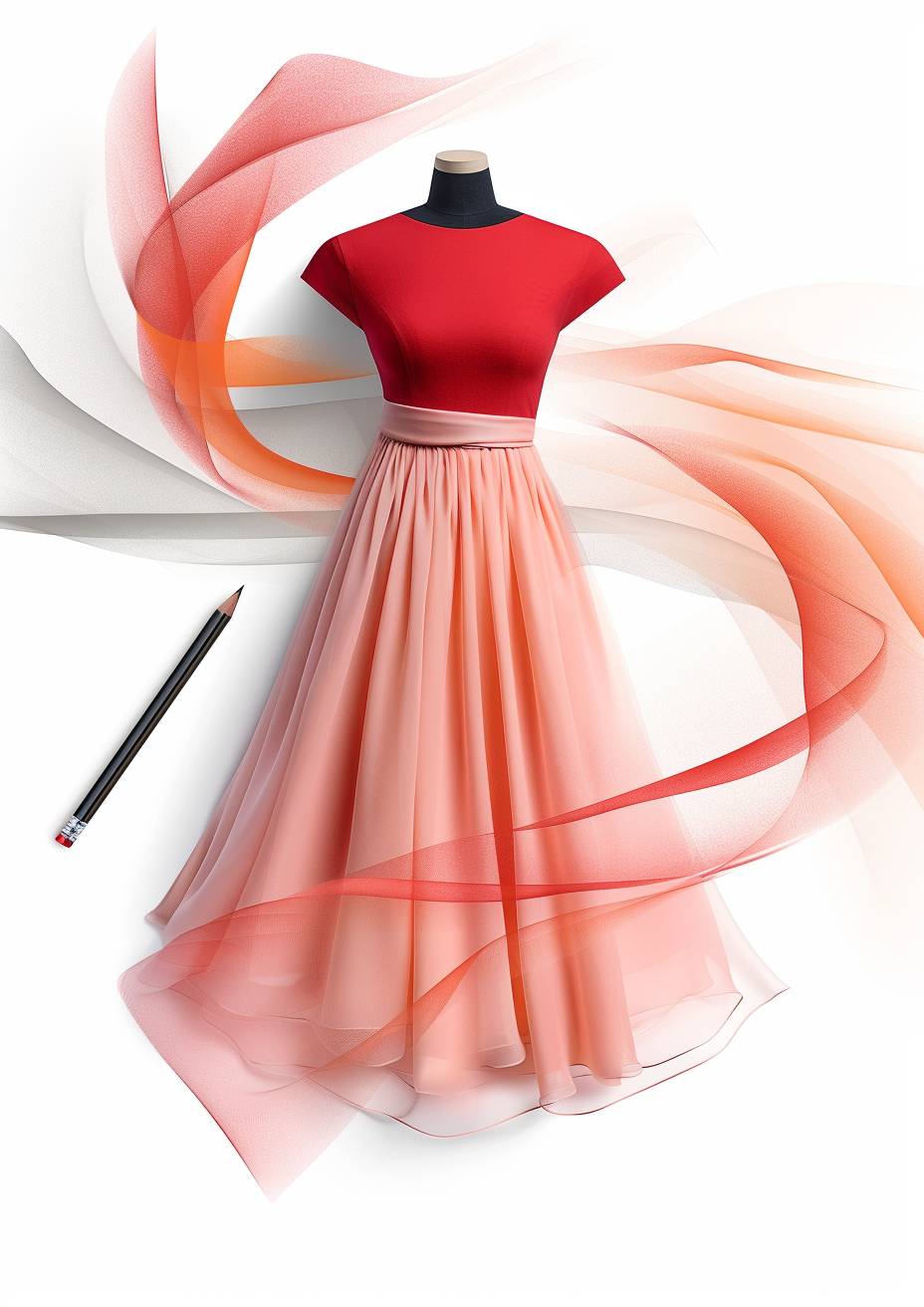 衣服の計画構造図、ドレス、ミニマリスト、ピンク、シフォン、非対称構造、鉛筆ラインドラフト、