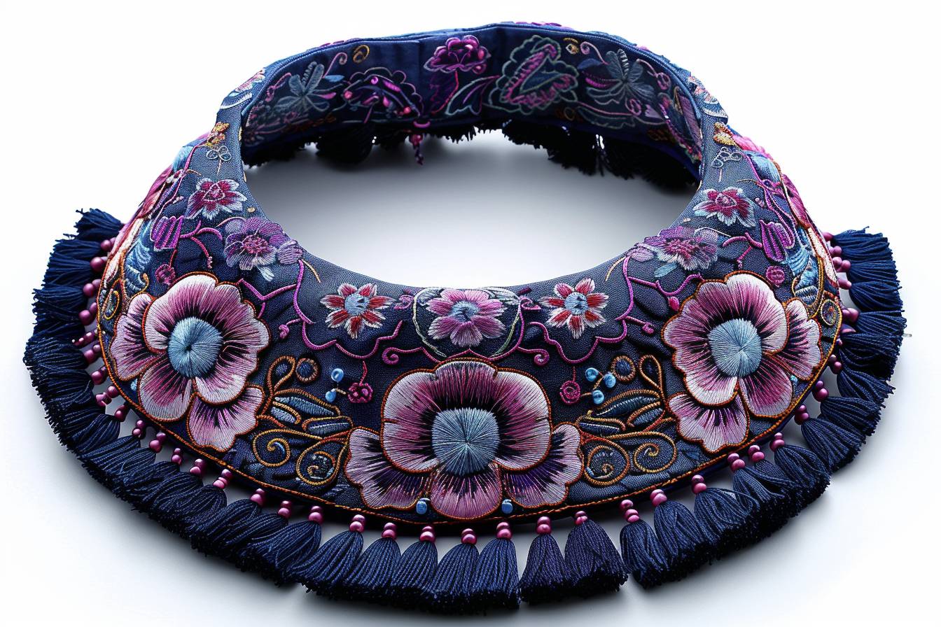 刺繍のついた中華風の衿、シンメトリーな構図、青と紫のトーン、白い背景、アバターなし