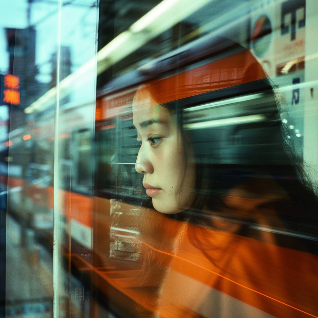 Subtle reflections of a woman on the window of a train moving at hyper-speed in a Japanese city.