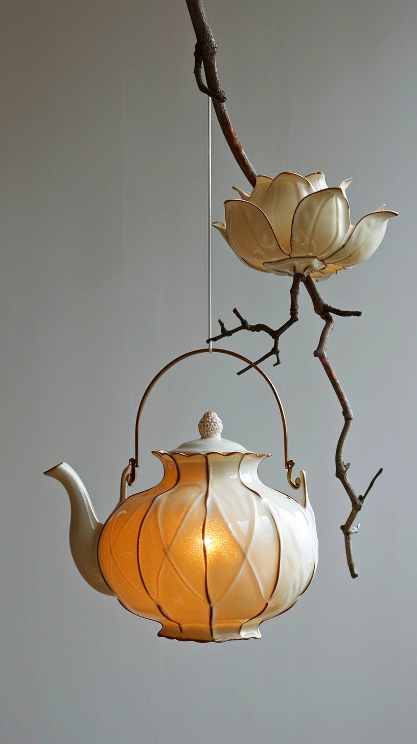 Lamp shade made with a tea pot, art installation, minimal background, creative core, art based