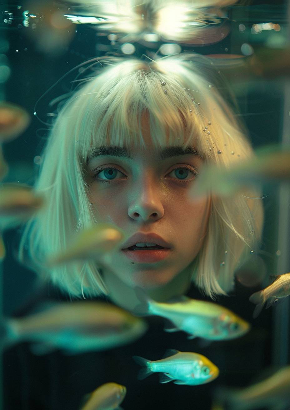 A young woman with a layered blonde bob haircut standing behind a fish tank, facing camera with harsh lighting on face, fish in front of her face, cinematography --ar 5:7 --v 6.0