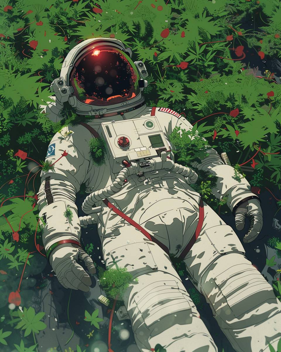 In Matt Bors' cartoons, minimalist, simple, clean, subdued, refined, colorful, vibrant, an astronaut lying in a field of green grass on a space station terrarium with space in the background is depicted. This artwork is done in a retro anime style, reminiscent of Moebius, in the art style of Studio Ghibli.