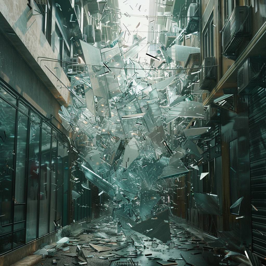 A cyclone of broken glass in an urban alleyway, dynamic movement.