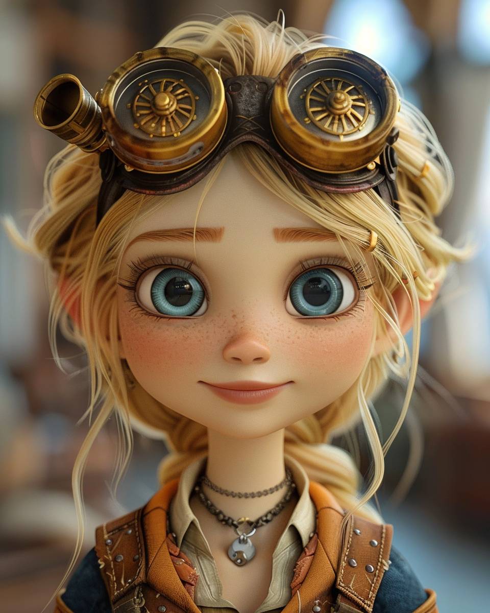 3D cartoon animation of a young happy female blonde wizard wearing steampunk goggles, in the style of Disney character design