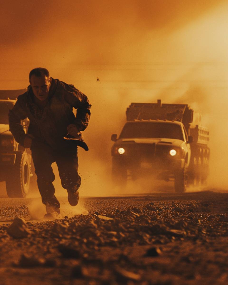 35mm action movie still, photo of Walter White running in the desert chased by futuristic trucks in a Mad Max post-apocalyptic wasteland in the style of Mad Max, low angle, dark atmosphere shot with cinestilll 50d by George Miller --ar 4:5 --s 50 --p yfbxsj7  --v 6.0