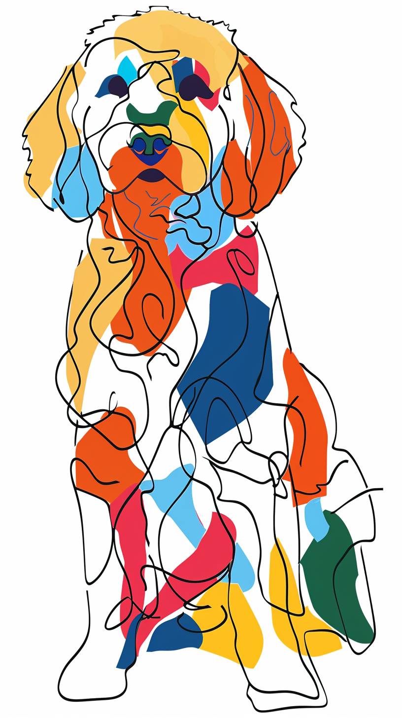 A drawing of a Goldendoodle dog showing the full body, in one-line drawing, figure outline only, single line, simple, in the style of one-line, single line drawing, black line on white background, colorful, no background, clean lines, minimalistic, simple, Picasso one line drawing war and peace style