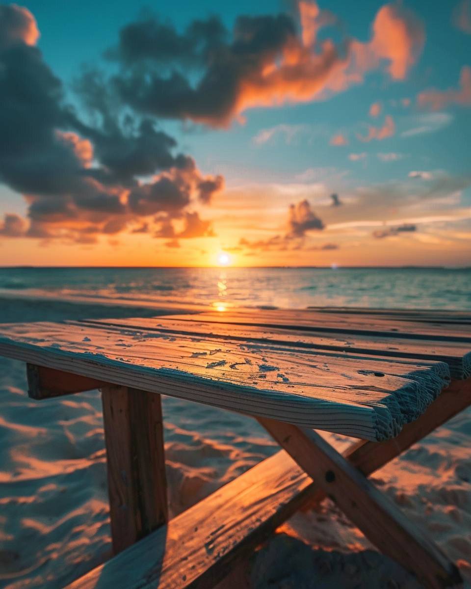 A wooden table on the beach with a sunset in the distance