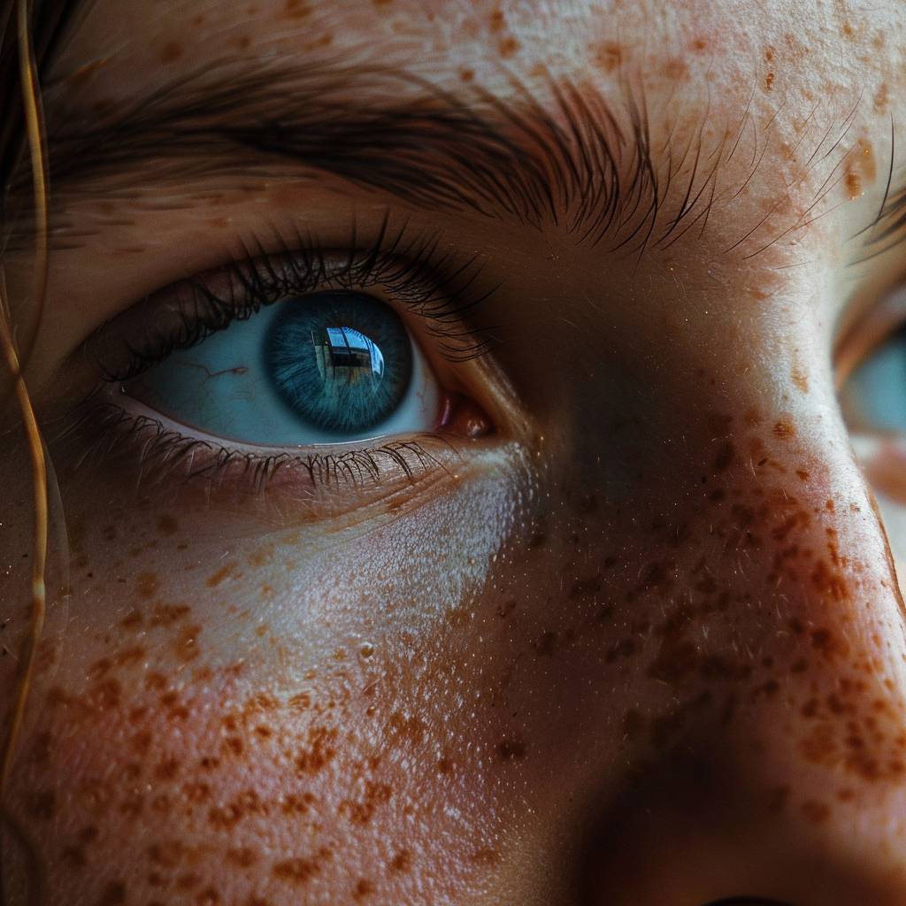 Macro shot to the face freckles of a young woman trying to look for something.