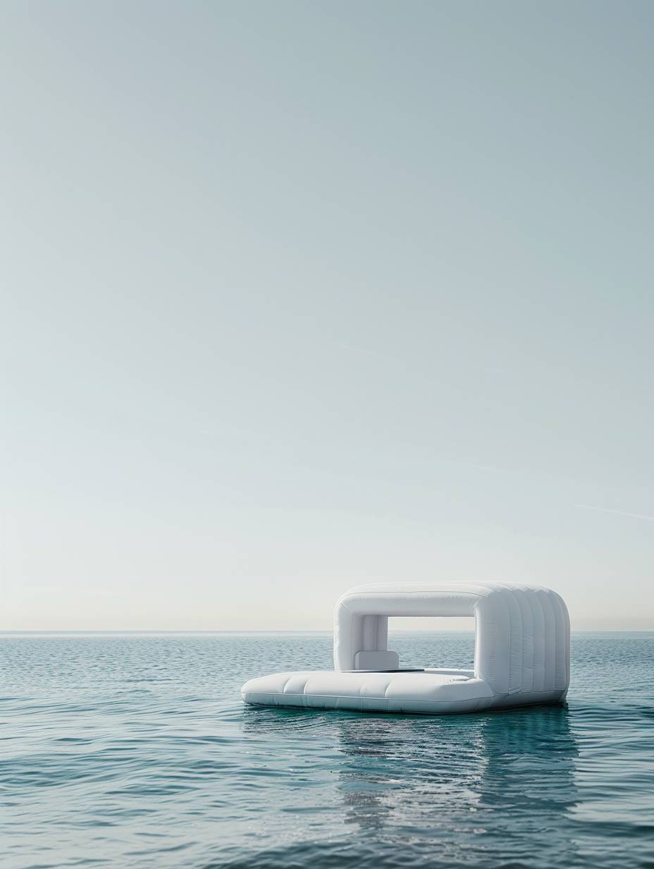 A modern, inflatable store floating on the ocean, minimalist style, captured in bright daylight. The ocean is calm with gentle waves, and the sky is clear. The store features sleek, clean lines and a simple design. Created Using: high-resolution camera, natural daylight, soft lighting, minimalism, modern design, tranquil atmosphere, hd quality, natural look