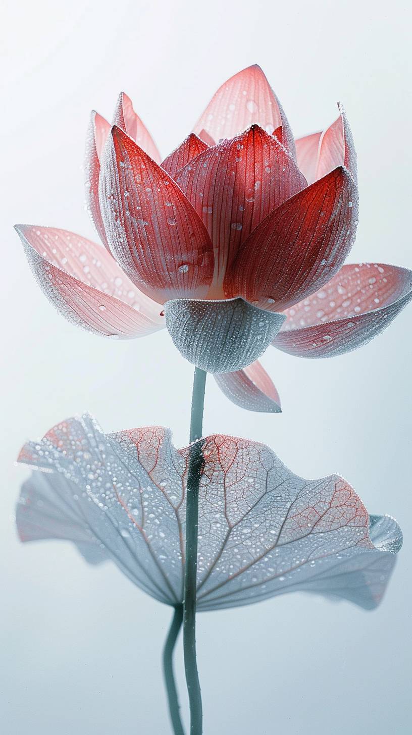 クローズアップX線、透明なミニマリスト、水滴がいっぱいのシンプルな白い背景、蓮の花と蓮の葉、曇りガラスが覆われ、複数露光、マクロフォトグラフィー、柔らかい赤、William Fang撮影、Hasselblad X2Dで撮影