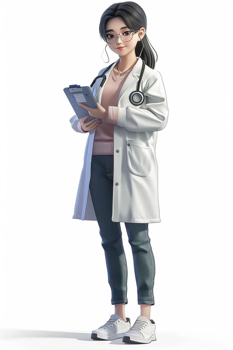 Full-body shots of a cute Chinese female doctor in a medical office, white shoes, black hair, short buzz hair style, 3D cartoon extremely simple style, simple plain white background, premium image