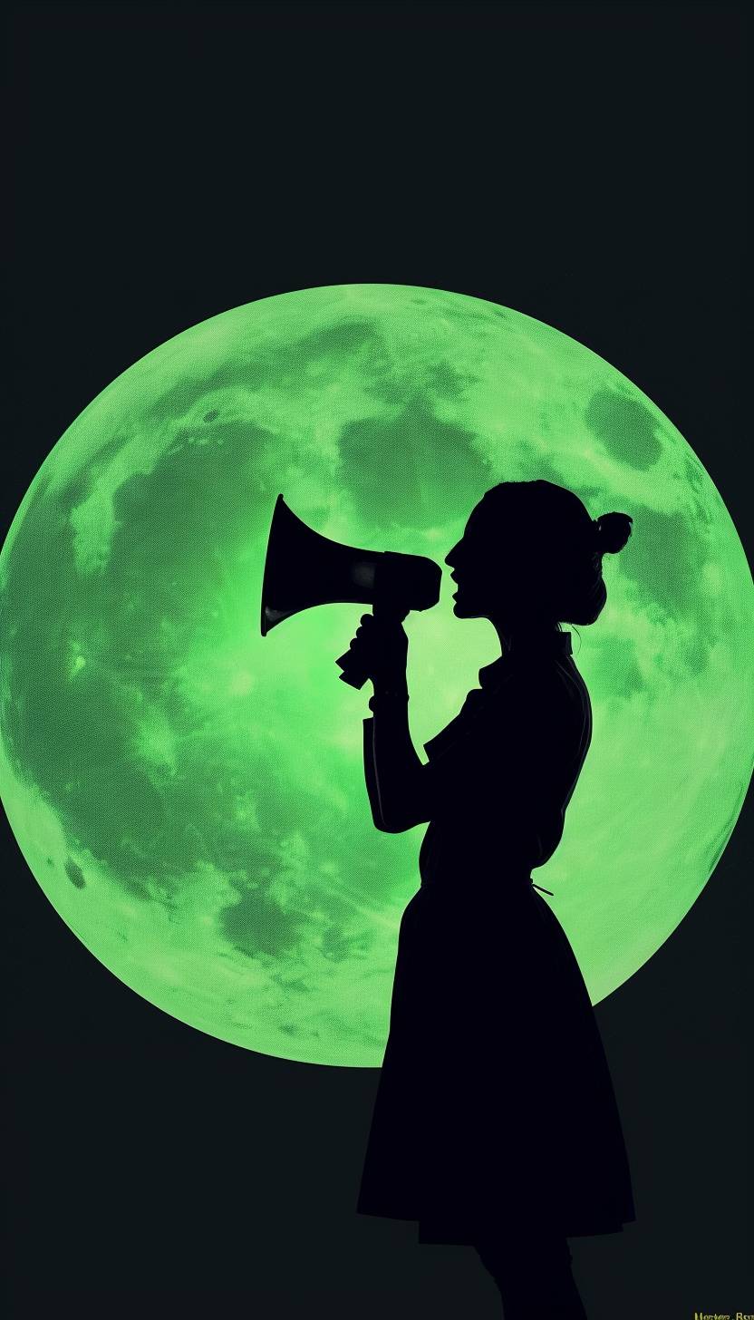 A minimalist black silhouette of a woman against a pure black background, in a side-view pose, holding a megaphone to her mouth. There are no facial features, only small clothing details are visible, creating a solid black shape. A large, glowing green circle floats behind the silhouette, providing the only contrast and light in the image. The composition is stark and dramatic, with clean lines and a strong graphic quality.