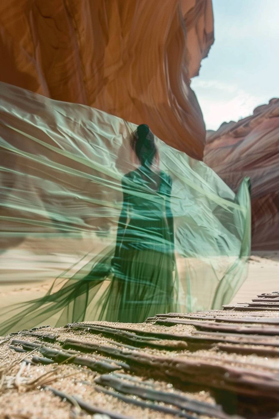 A face superimposed onto a cactus superimposed on a dress projected onto a sheet blowing in the breeze in the desert, style of unity, random rhythm, harmony, tactile texture, dynamic forms, vertical lines, analogous neon colors, atmospheric perspective, foreground, serene mood, allegory, pacing, baroque, gestural expression, energy, distortion, thematic harmony, flowing rhythm, conceptual art.