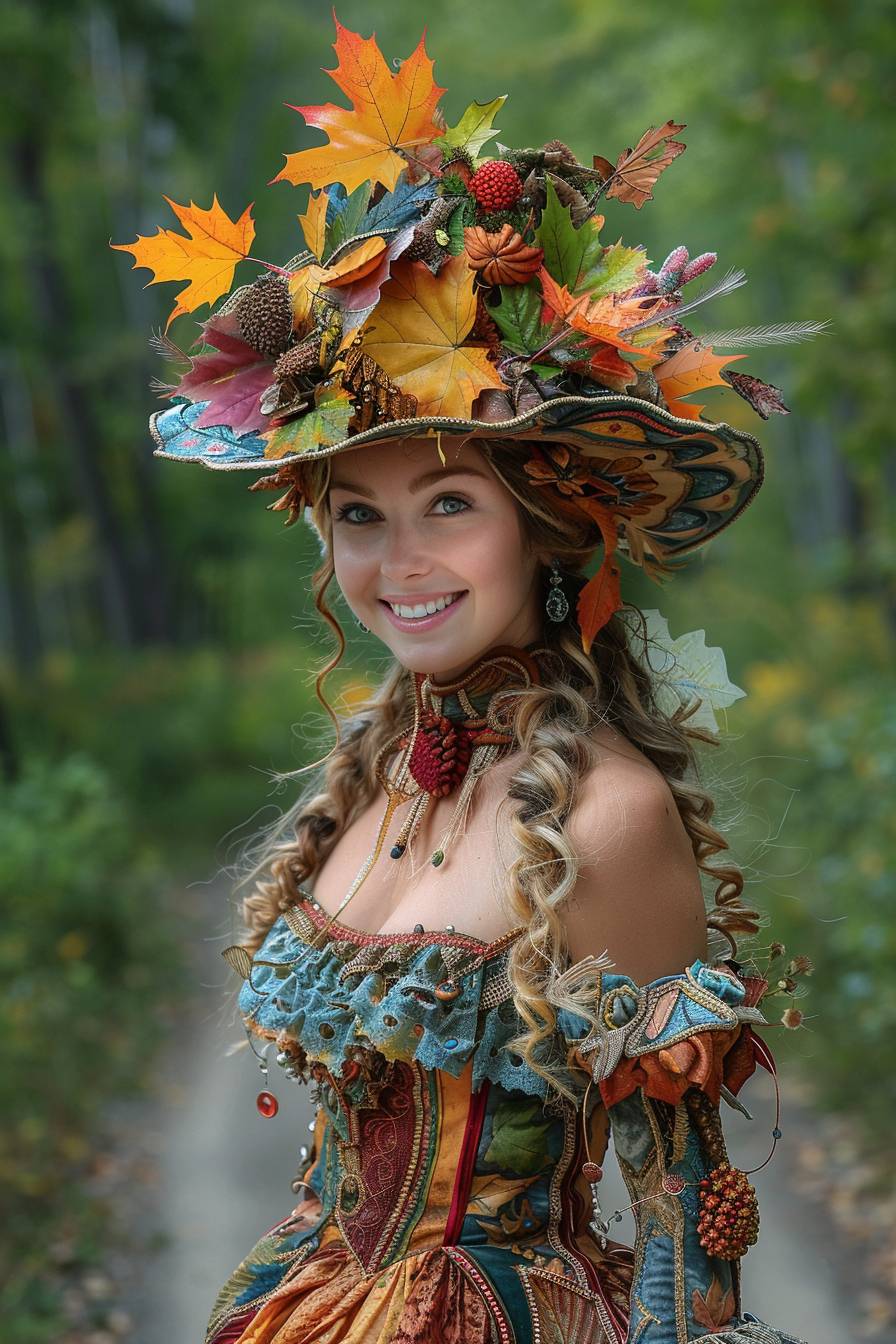 Beautiful crazy jungle woman, has a dress made of maple leafs
