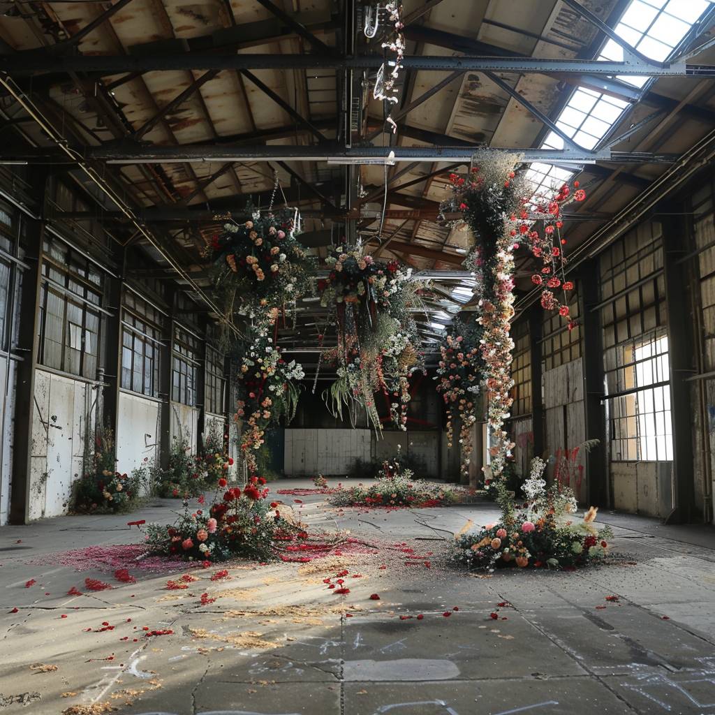 An empty warehouse dynamically transformed by flora that explode from the ground.
