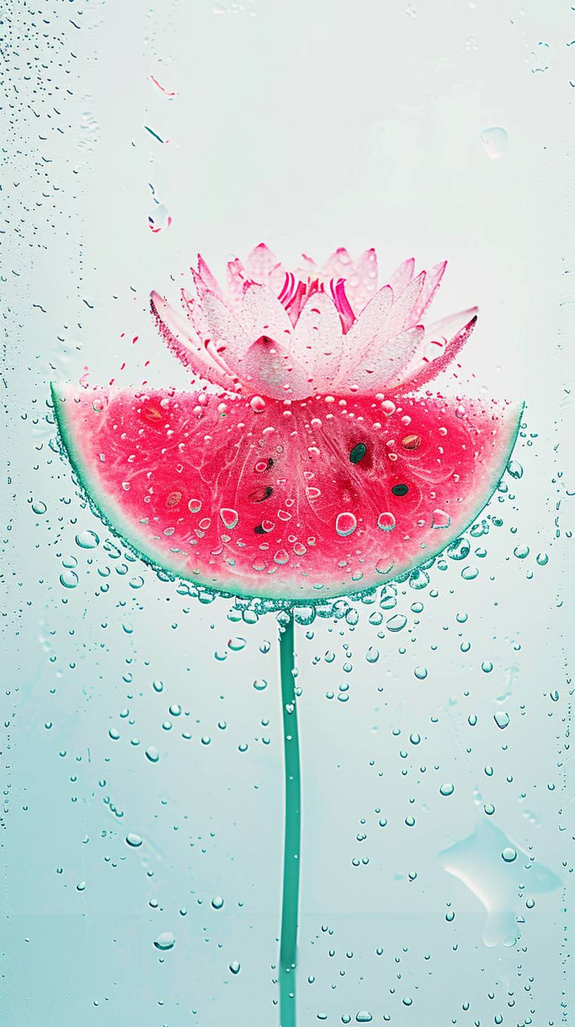 Close-up X-ray, translucent minimalist half watermelon in simple white background full of water drops, Lotus flower and lotus leaf, frosted glass blur covered, multiple exposures, macro photography, soft red, photography by William Fang, shot on Hasselblad x2d