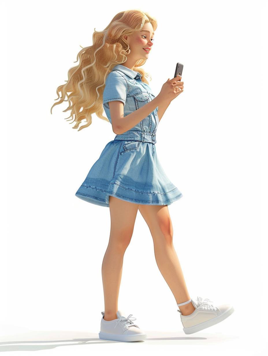 3D illustration of a character in a full body shot, holding a smart phone and walking pose, wearing a denim casual skirt, white shoes, with blond curly hair, smiling, white background, rendered in the style of Blender with a minimalist, simple shape style, at a 45 degree angle, using bright color tones, at a high resolution with super detailed rendering.