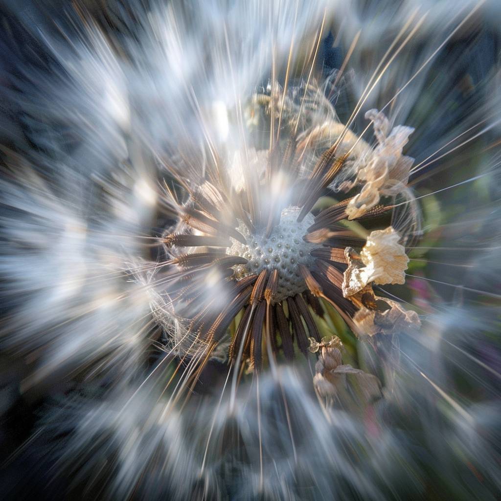 Zooming in hyper-fast to a dandelion to reveal a macro dream-like abstract world.