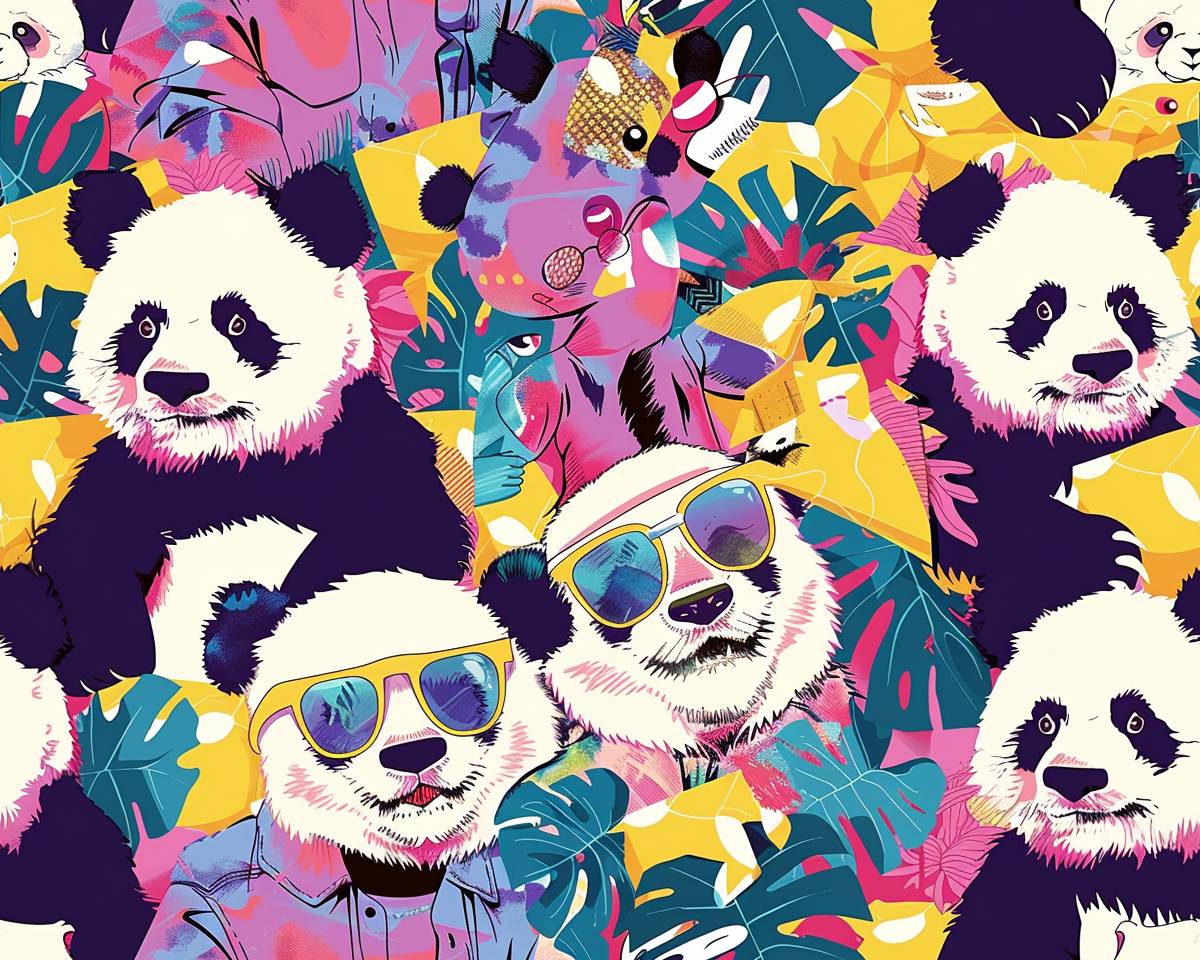 Memes, one-of-a-kind, Full Length Shot, cute pandas dressed in fashion, all kinds of emojis, few and far between --ar 5:4 --tile --v 6.0