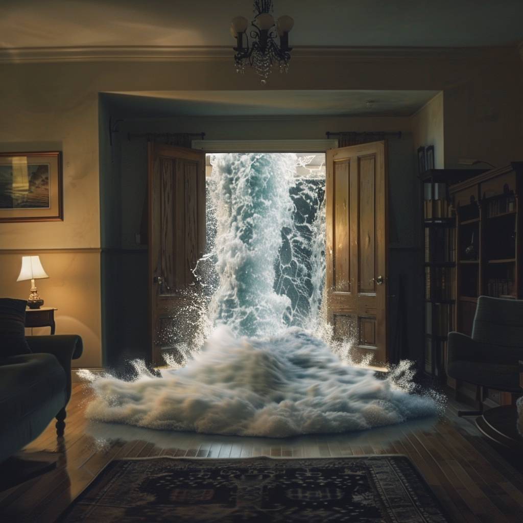 A first-person POV shot rapidly flies through open doors to reveal a surreal waterfall cascading in the middle of the living room.