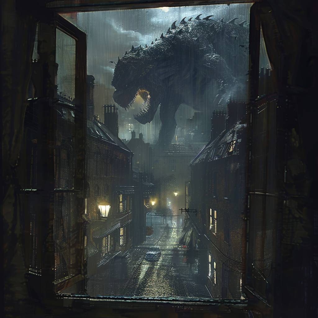 View out a window of a giant strange creature walking in a rundown city at night, one single street lamp dimly lighting the area.