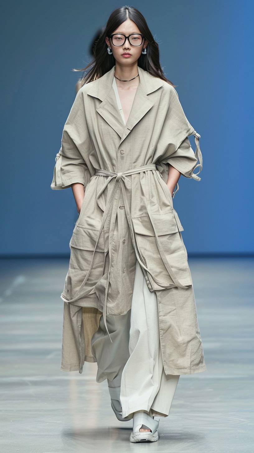 A model walks the runway in an oversized beige linen trench coat with short sleeves and wide pants, which is tied at her waist with two straps on both sides of her chest. The background color scheme includes blue tones, and she wears glasses. In fashion design, full body photography.