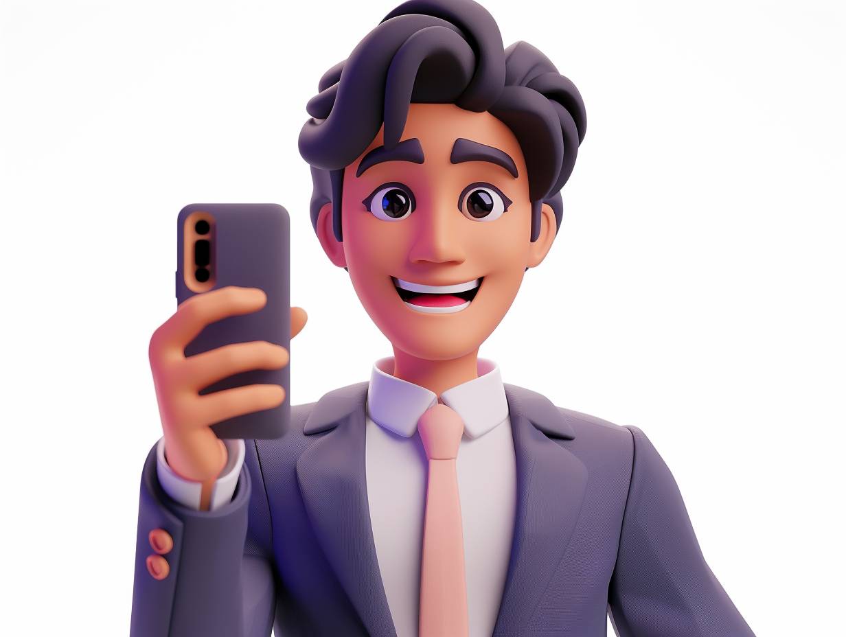 A 3D icon of a man taking a selfie with his cell phone, his hair color is black, wearing a suit, soft lighting, soft and rounded forms, no fine detail, white background