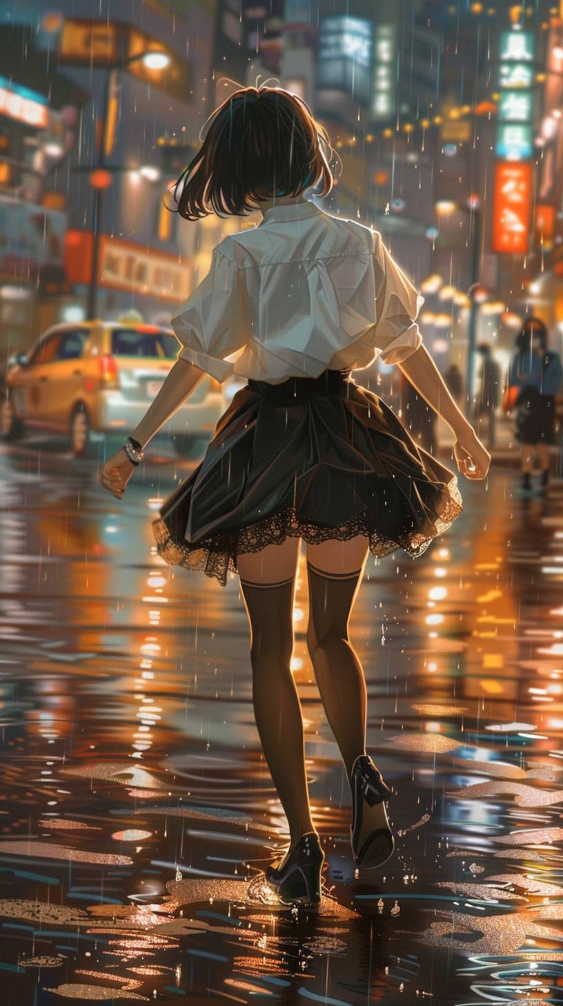 Warm-toned, cute style, evening, Japanese middle-aged woman, short hair, white shirt, black short skirt, stockings, roadside in the city, rain, back body, she walked happily, as if dancing.