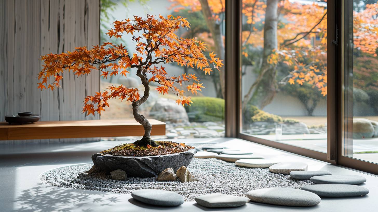 高い角度から見た、日本製の手作りの瀬戸物、楓の盆栽、砂紋石で囲まれた、敷石、自然光、禅のミニマリズム