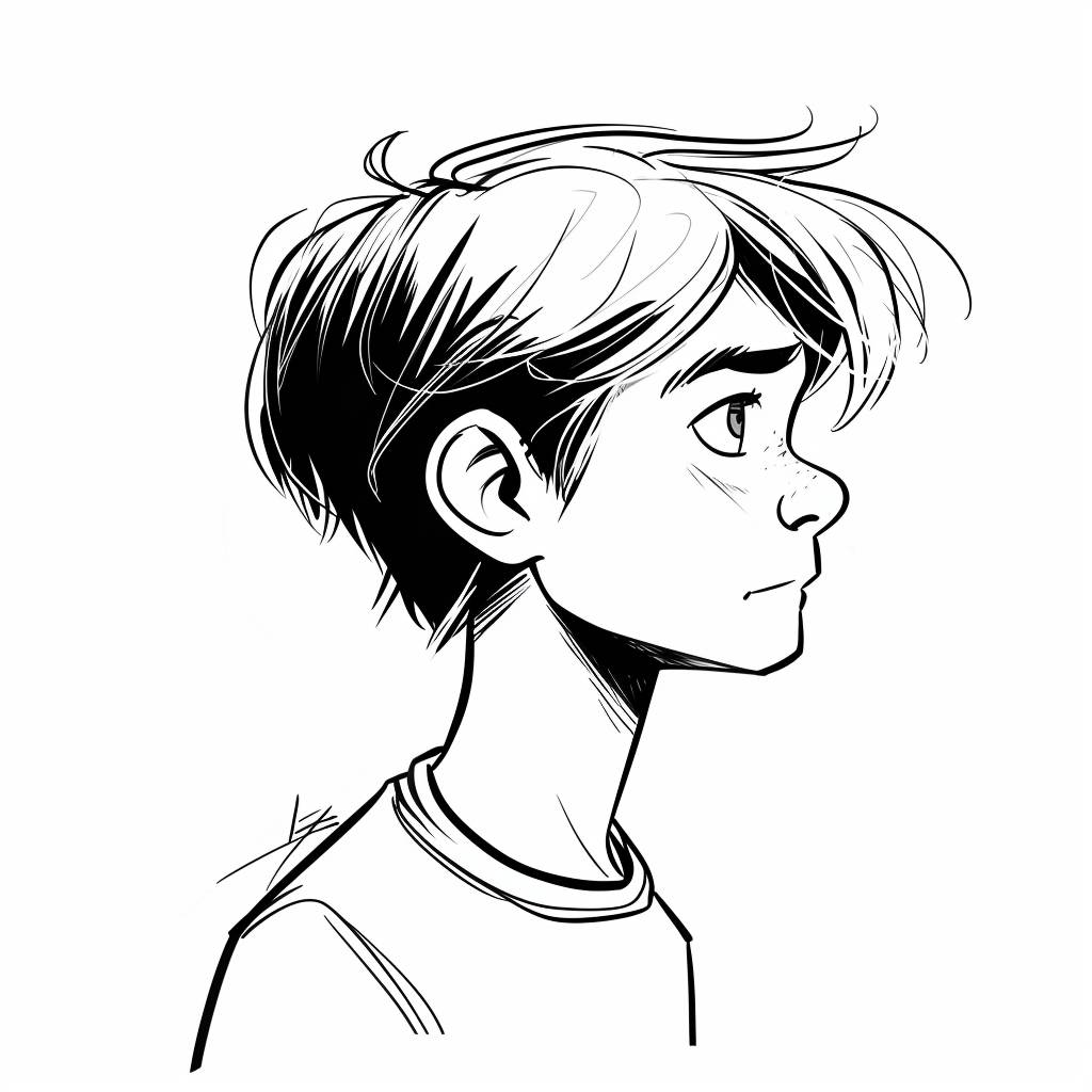 男の子がペンで描いた平滑な線の漫画、白黒のみ、非常に平面的で、非常にシンプル