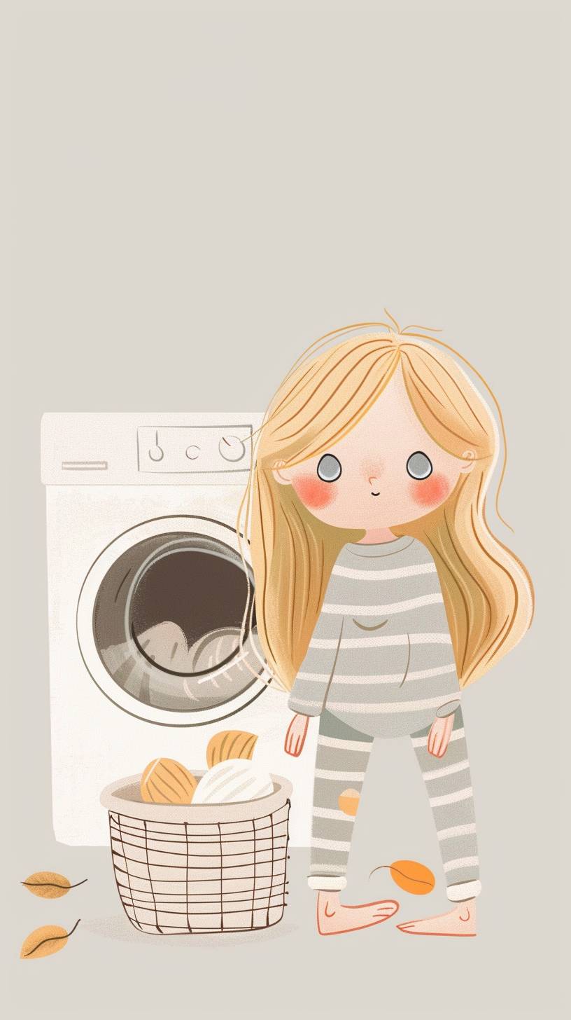 A girl is doing laundry. She has blonde hair and blue eyes, wearing striped pants. Next to the washing machine, there is a basket. On her feet, there is a light grey background. The illustration style is flat with pastel colors. It is cute and simple with a white border, in the style of a light, pastel illustration.