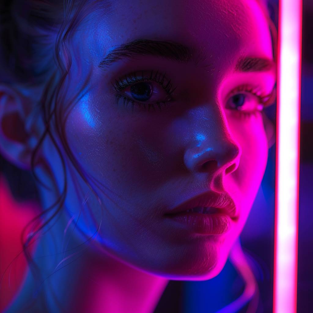 Neon [SUBJECT], chiaroscuro portraitures, sombre, high contrast, dark and mysterious, [COLOR] and [COLOR] palette, cinematic, epic realism, 8K, highly detailed --v 6.0