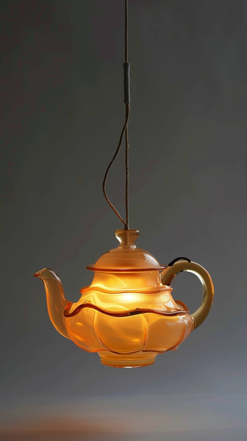 Lamp shade made with a tea pot, art installation, minimal background, creative core, art based