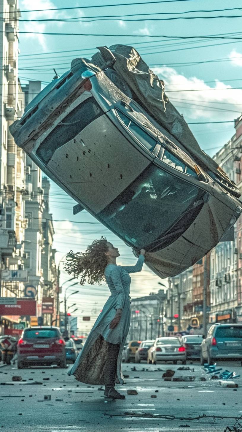 都市の中で、超人的な力を持つスリムな女性が車を軽々と持ち上げる