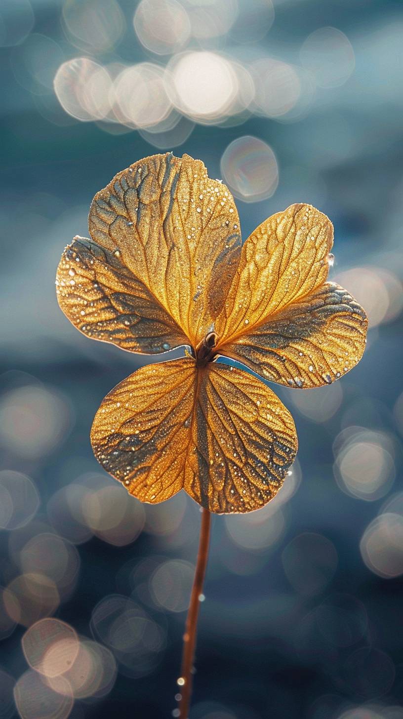A golden four-leaf clover shimmering in the sunlight against the backdrop of the cerulean ocean