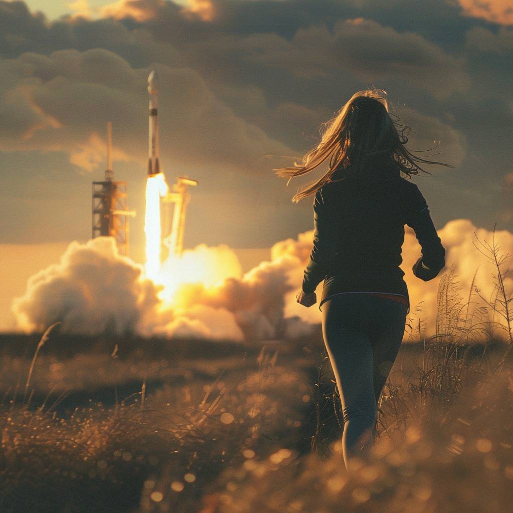遠くでロケットを見ながら走る女性の肩越しのショット。
