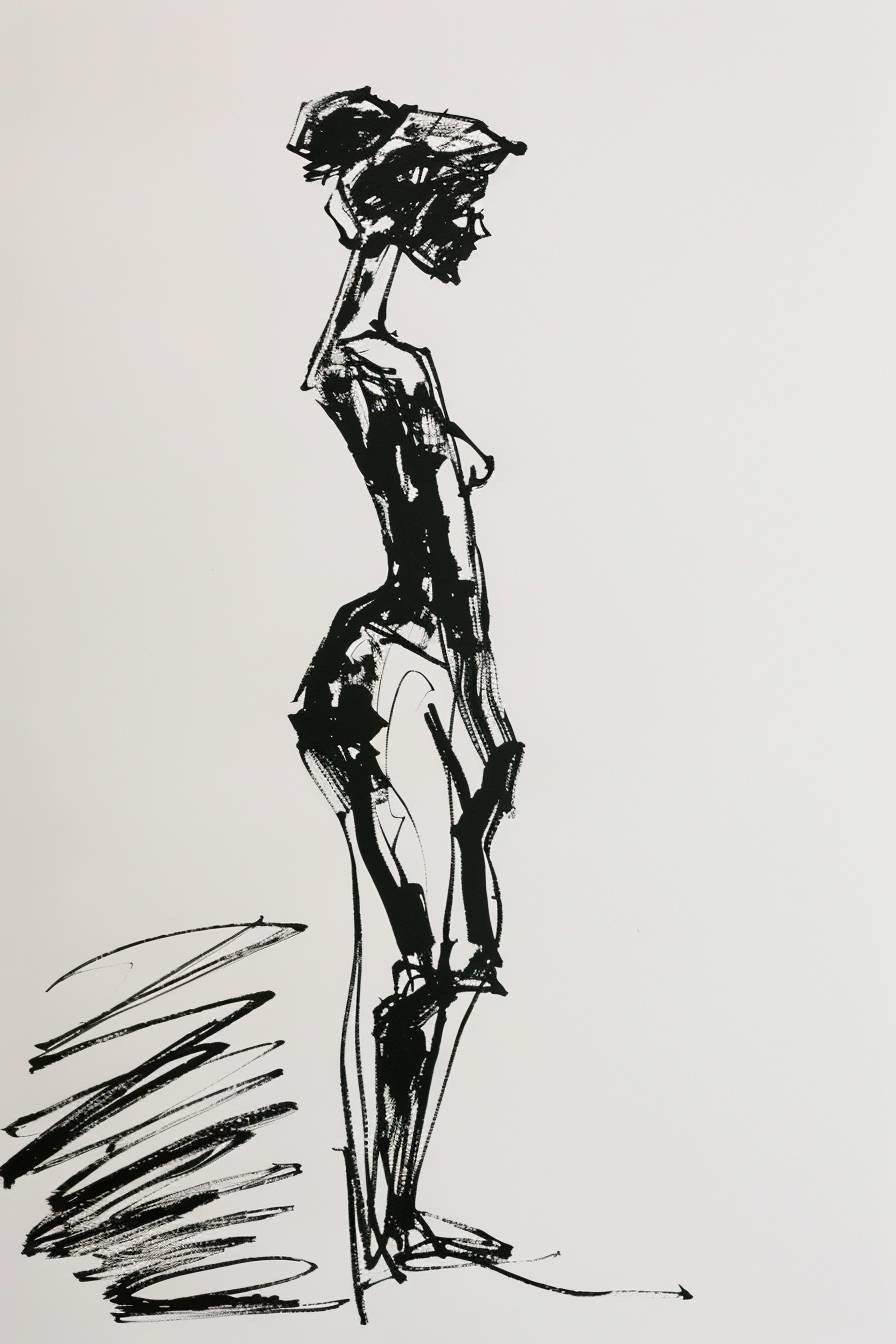 In the style of Max Beckmann, character, ink art, side view