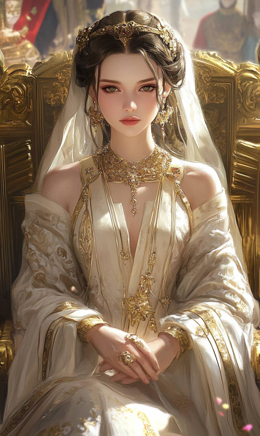 Moda de Padme Amidala con una chica anime, peinado elaborado, vestido real, joyas ornamentales y zapatos elegantes.