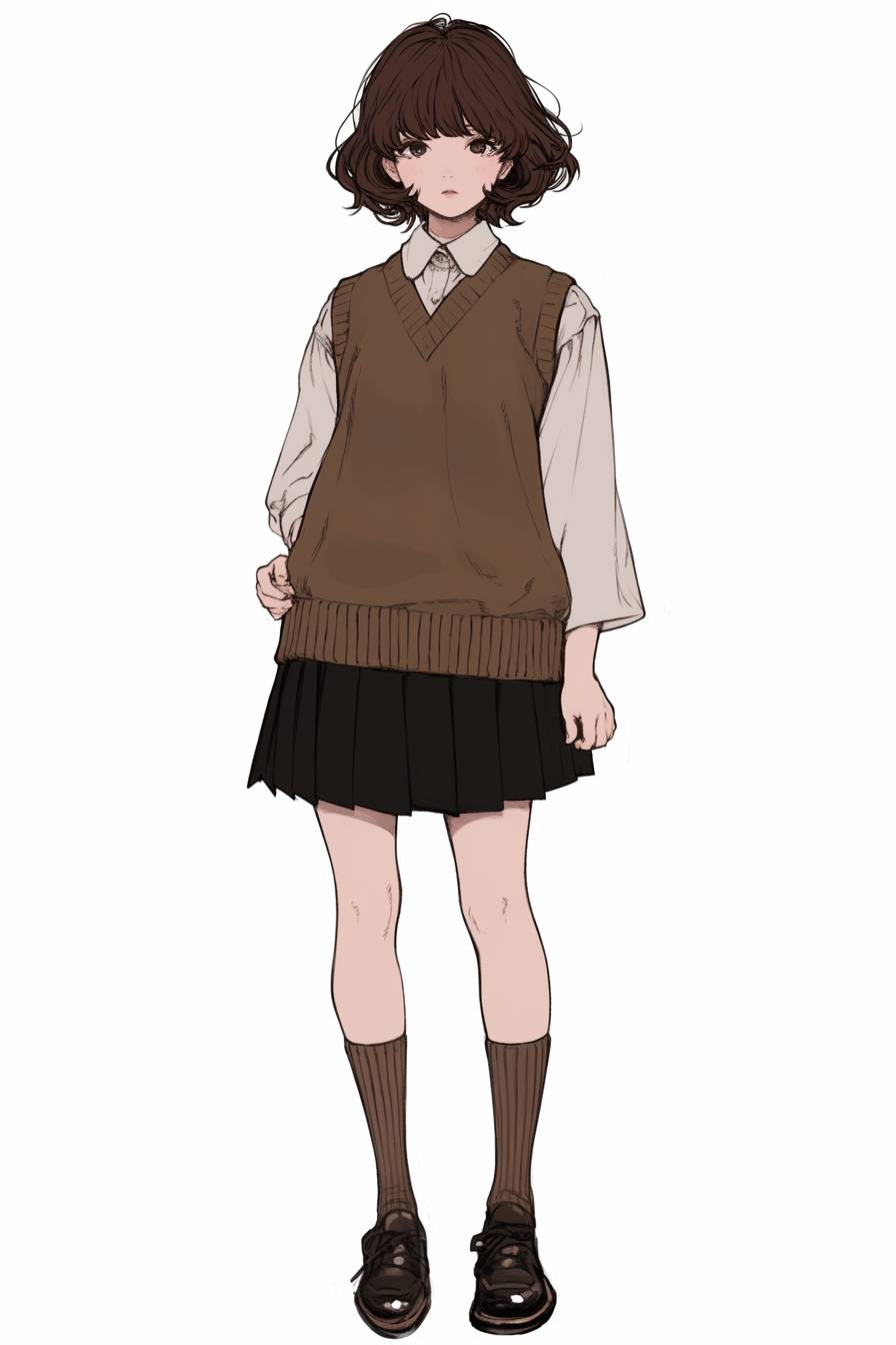 Garota de anime inspirada em Natalie Portman, com um corte de cabelo castanho curto, estilo acadêmico, colete de lã, saia plissada, meias até o joelho e sapatos oxford em um campus universitário.